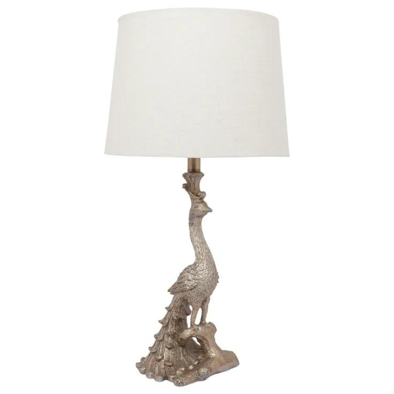 Peacock Table Lamp - Champagne Gold with natural linen shade