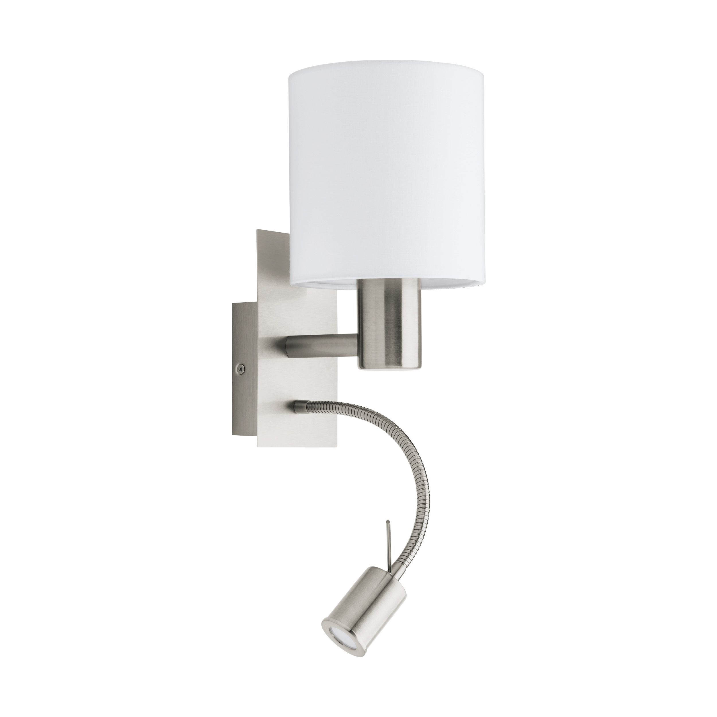 Pasteri Bedside Satin Nickel Wall Reading Lamp - White Drum Shade