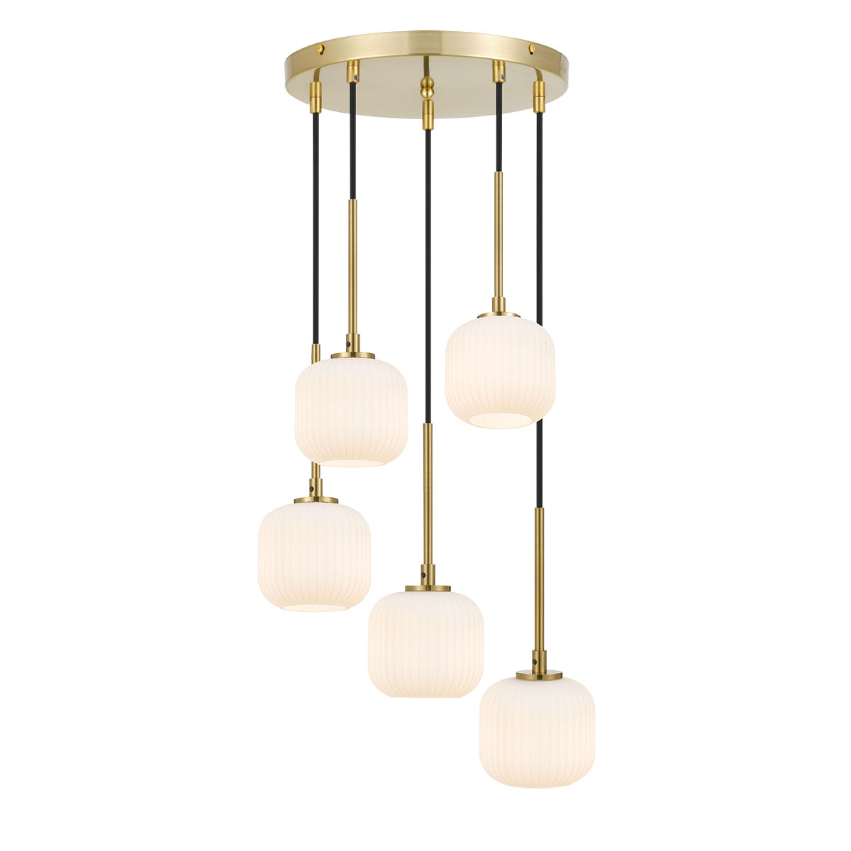 Blaise 5 Light Ribbed Glass Gold Opal White Round Cluster Pendant Light