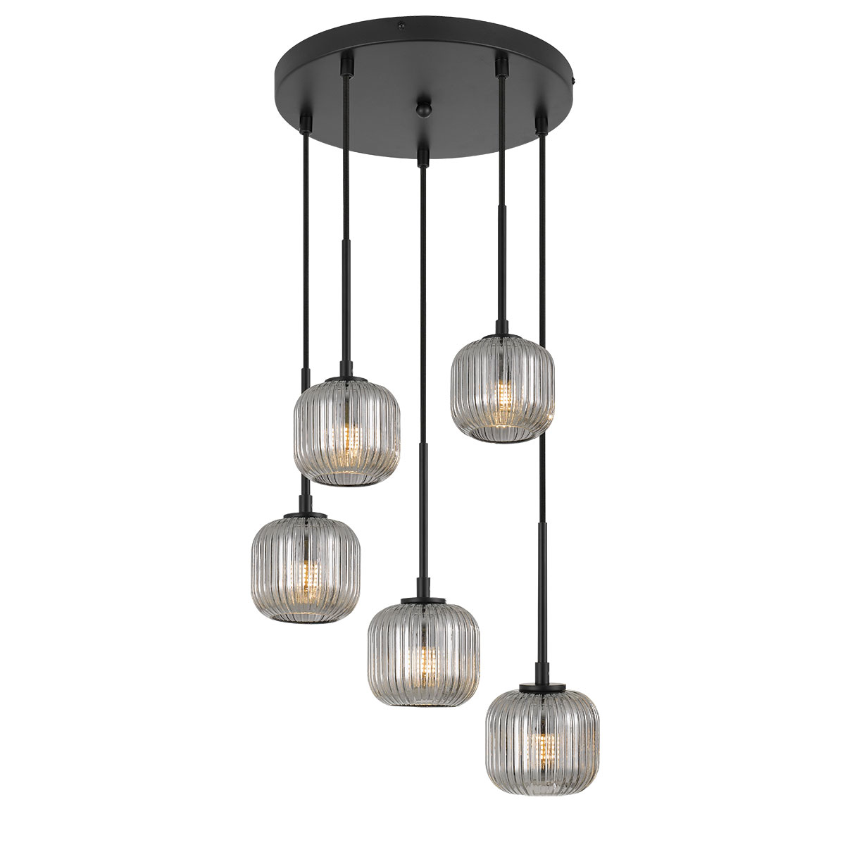 Blaise 5 Light Ribbed Black Smoke Round Cluster Pendant Light
