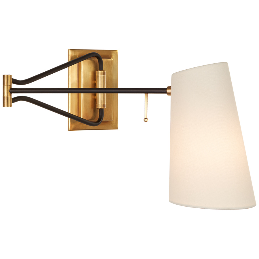 Keil Antique Brass and Black with Linen Shade Swing Arm Wall Light
