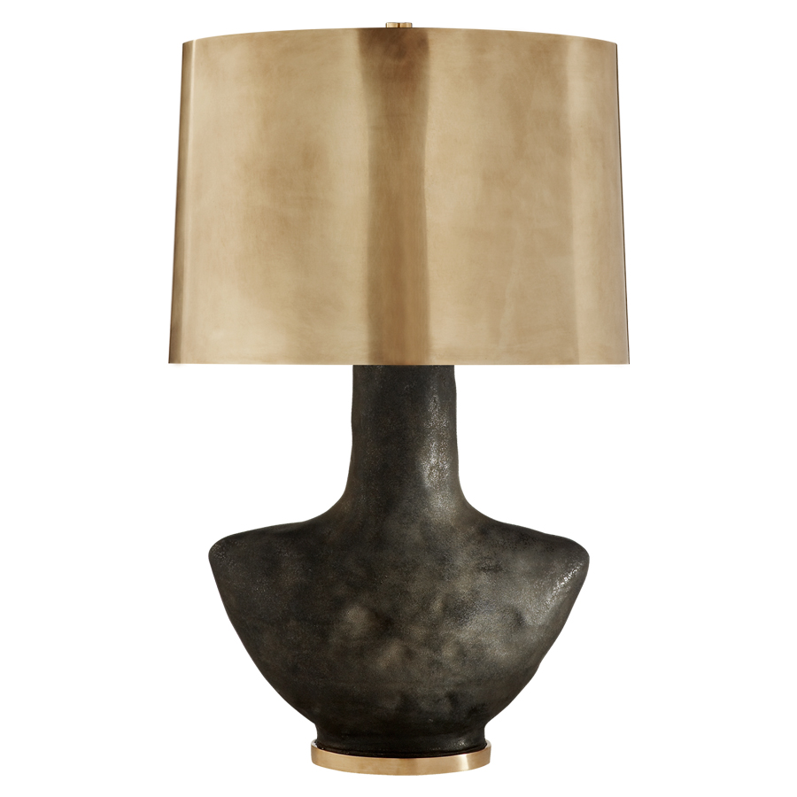 Armato Small Stained Black Metallic Ceramic with Antique Brass Shade Table Lamp