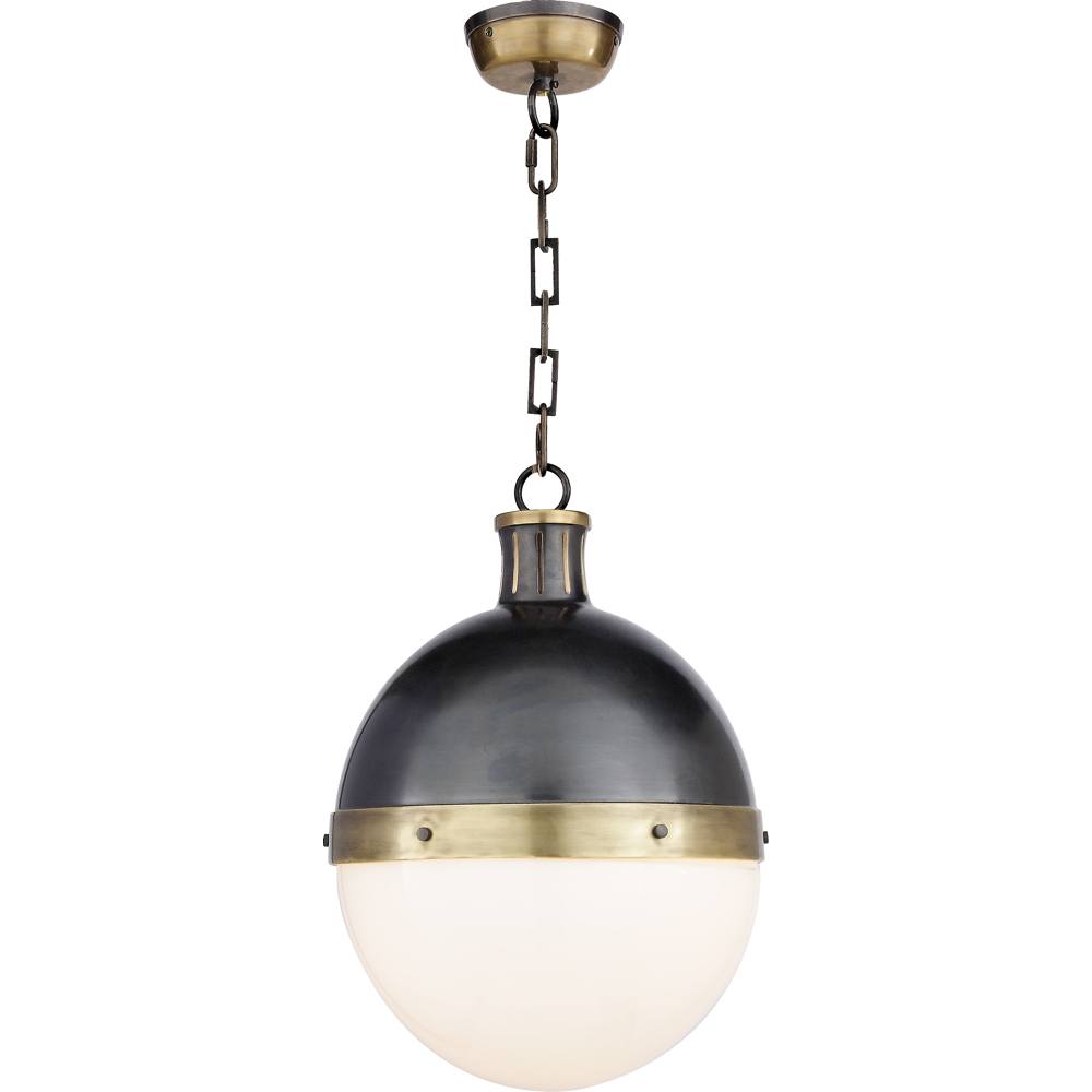 Hicks Large Round Bronze and Antique Brass with White Glass Pendant Light