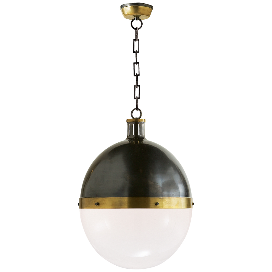 Hicks Extra Large Round Bronze and Antique Brass with White Glass Pendant Light