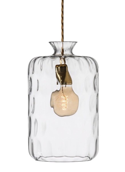 Pillar Cylindrical Clear and Brass Dimpled Glass Pendant Light