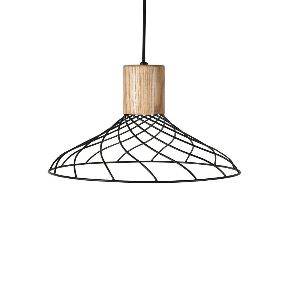 Renong Wide Black Metal Cage and Wood Top Pendant Light