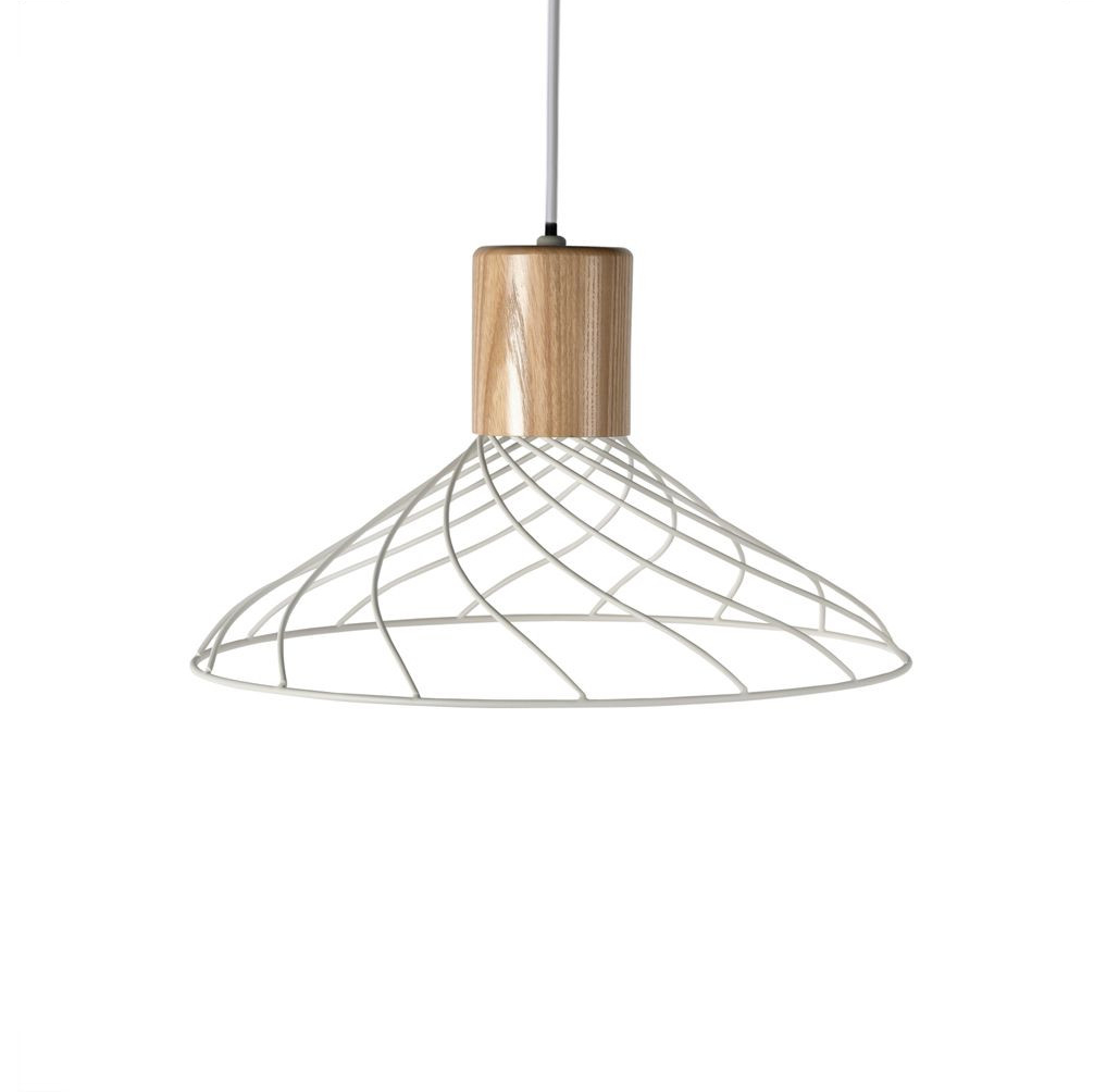 Renong Wide White Metal Cage and Wood Top Pendant Light