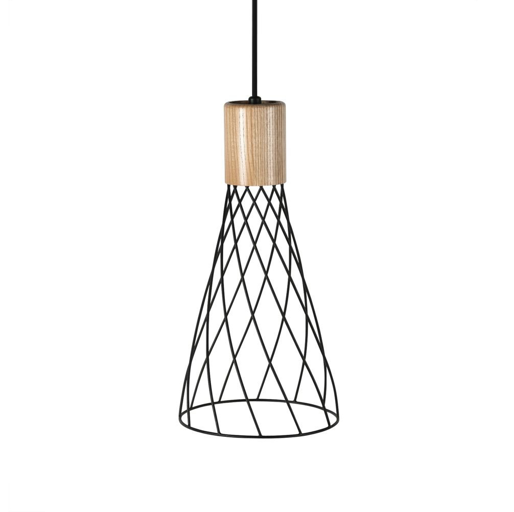 Renong Tall Black Metal Cage and Wood Top Pendant Light