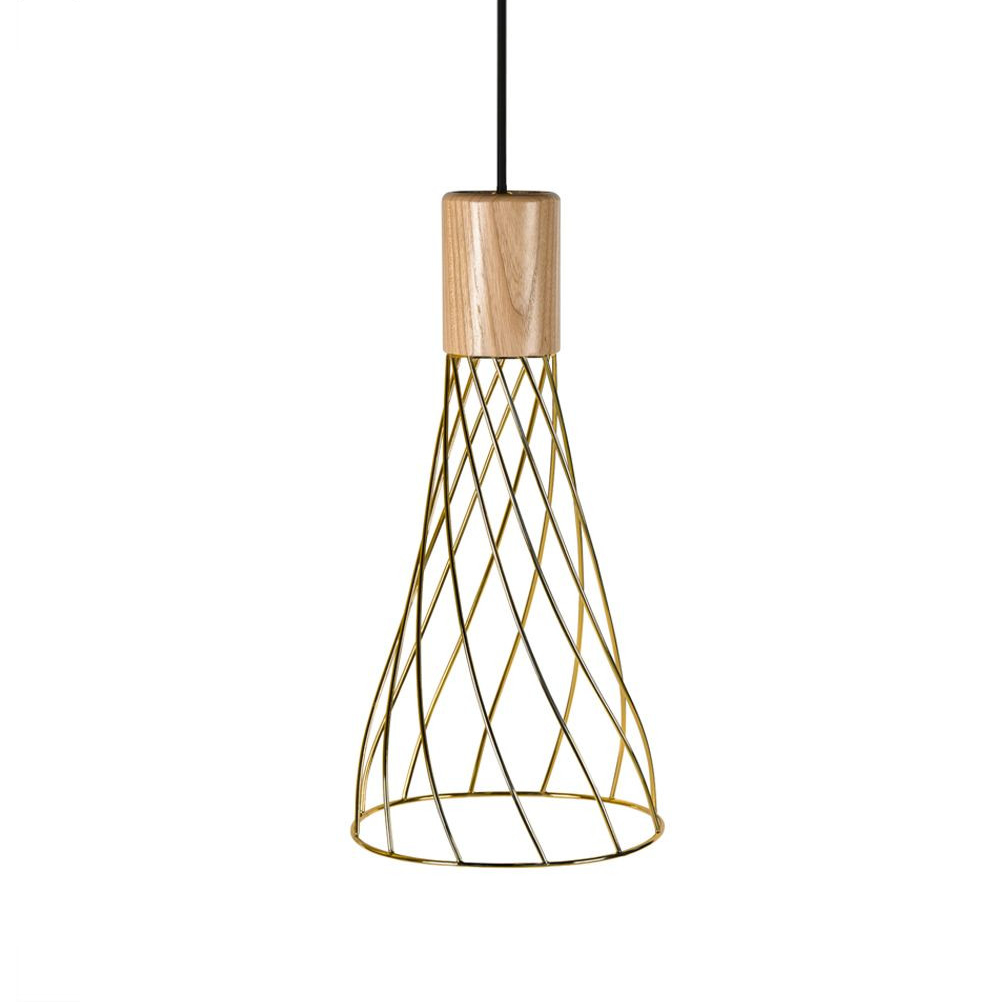 Renong Tall Gold Metal Cage and Wood Top Pendant Light