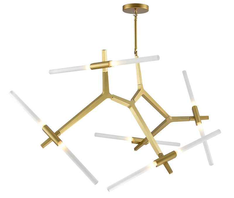 Brass Modular System with White Glass Tubes 10 Bulb Chandelier
