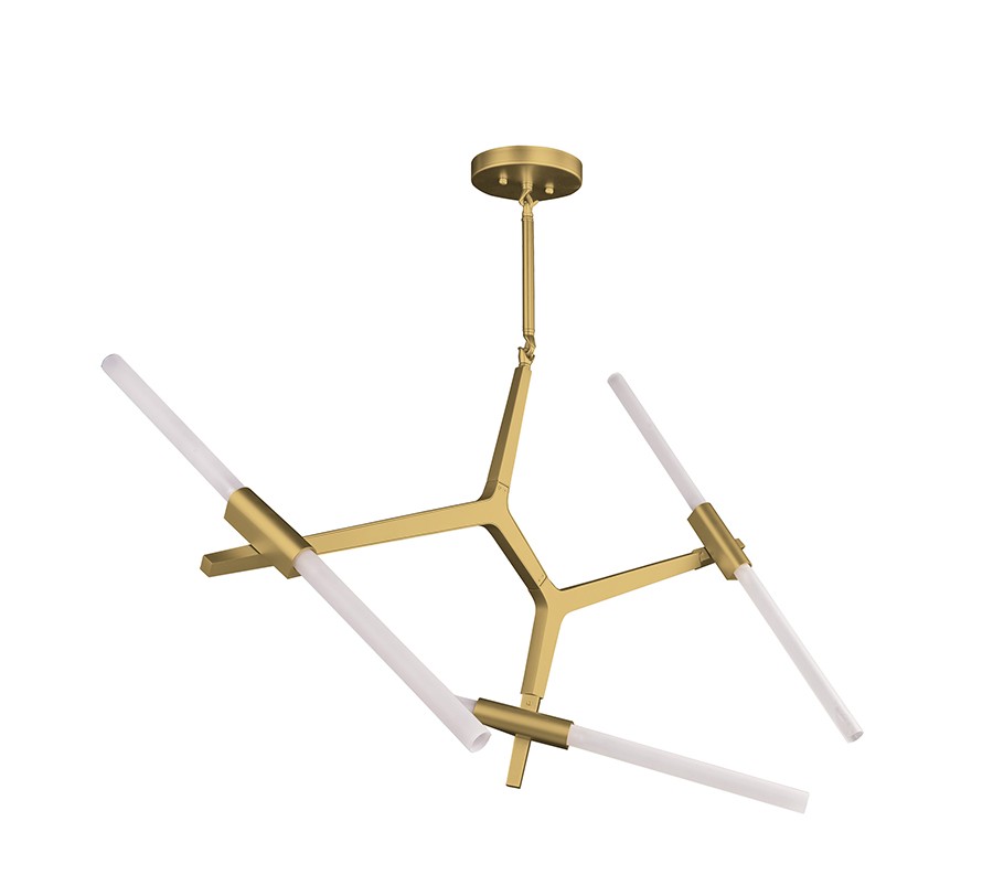 Brass Modular System with White Glass Tubes 6 Bulb Chandelier