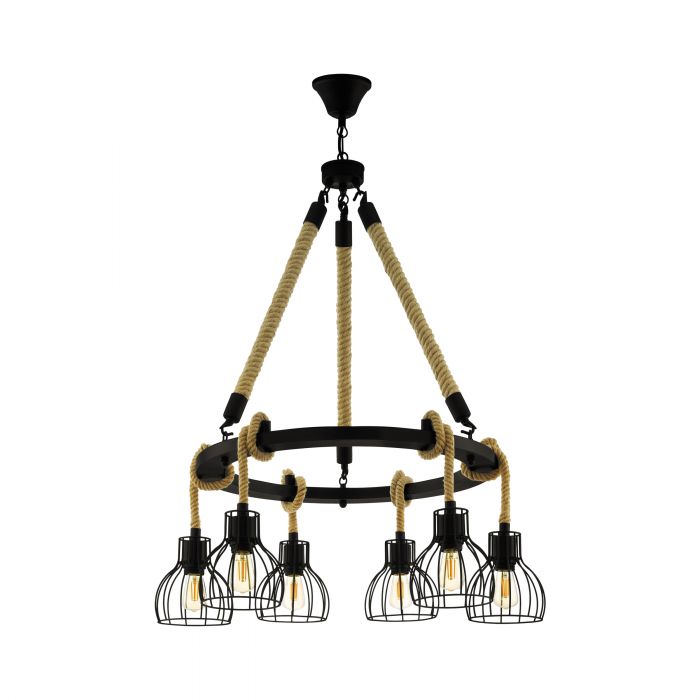 Rampside Wooden Industrial Caged Hexad Pendant Light