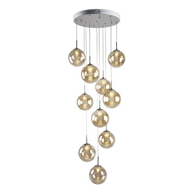 Bubbles 10 Light Gold Cognac Glass Cluster Pendant Chandelier