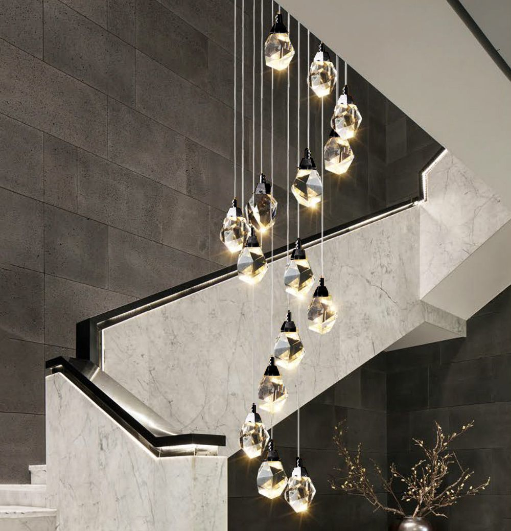 Bianco Black 20 Light Cascading Clear Drops Pendant Chandelier