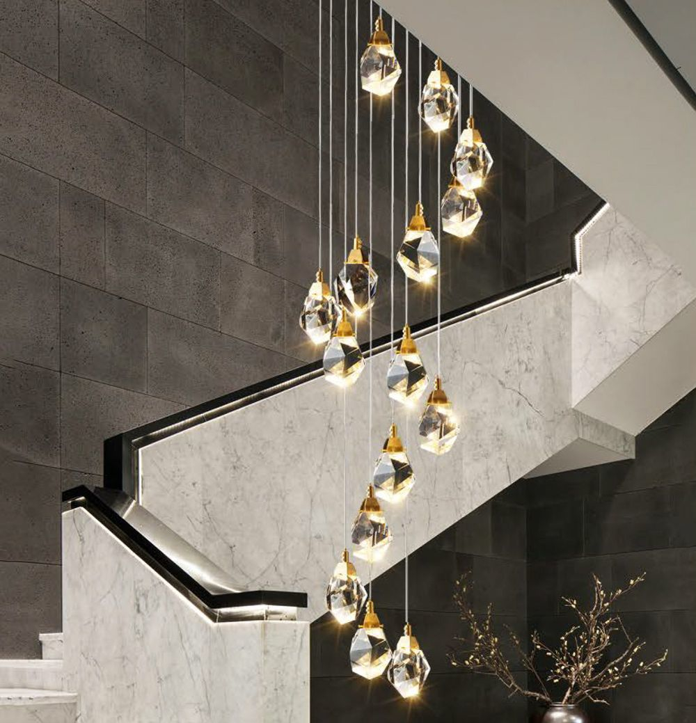 Bianco Gold 20 Light Cascading Clear Drops Pendant Chandelier