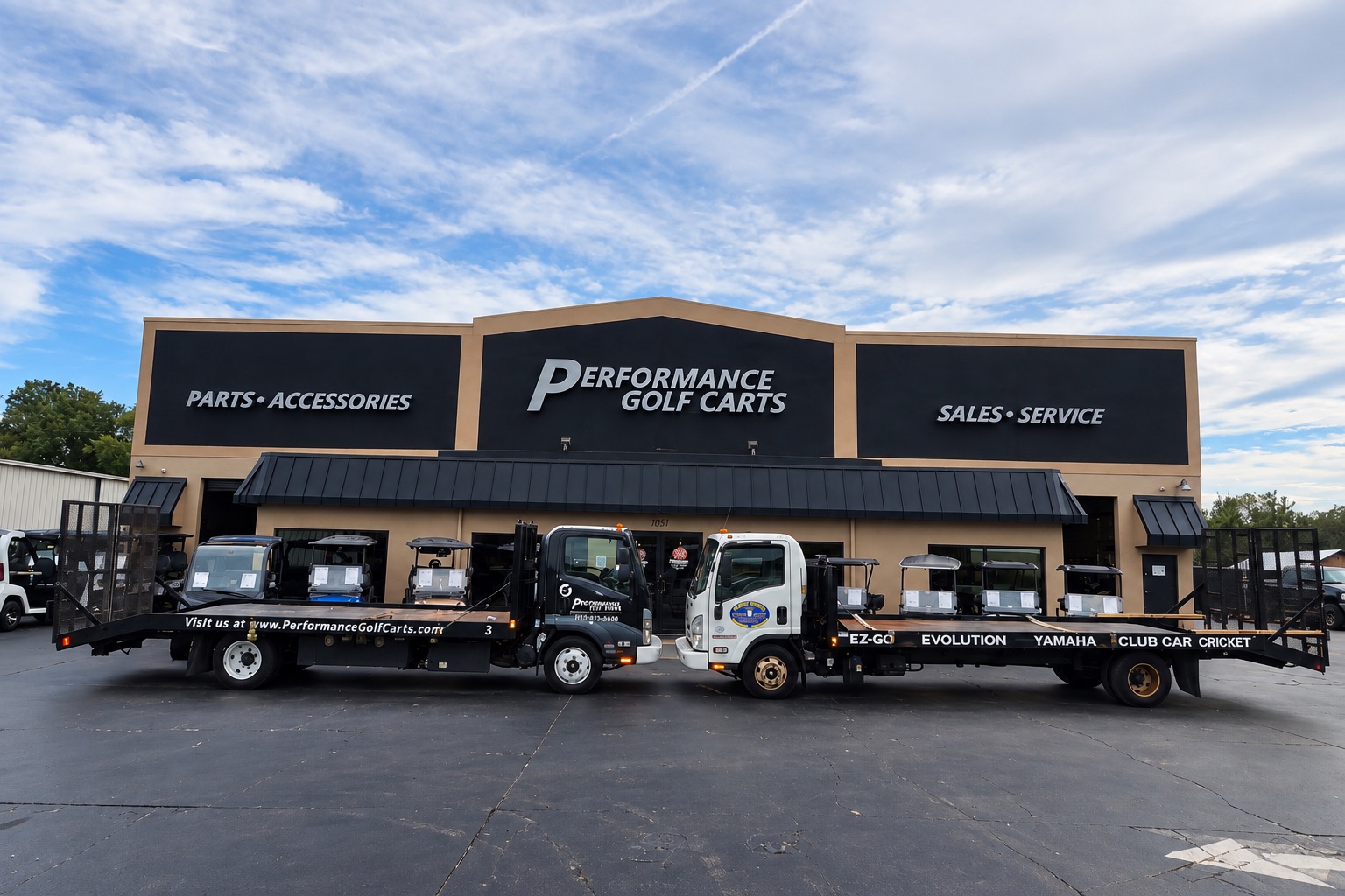 Performance Golf Carts and JR Golf Carts delivery trucks in front of the Performance Golf Carts showroom in Auburndale
