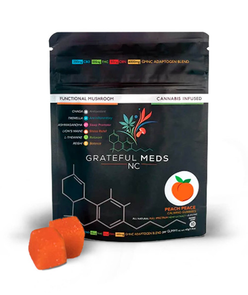 Grateful Meds | Peace Peach Gummies - 25mg CBD + 10mg THC + 5mg CBN | Functional Mushroom + Nootropic Blend
