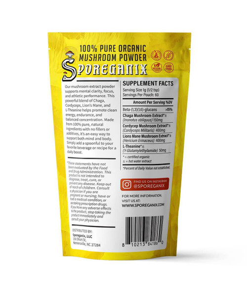 Sporeganix | 100% Pure Organic Mushroom Powder | 60 Grams | Focus | Mental Focus & Energy Blend