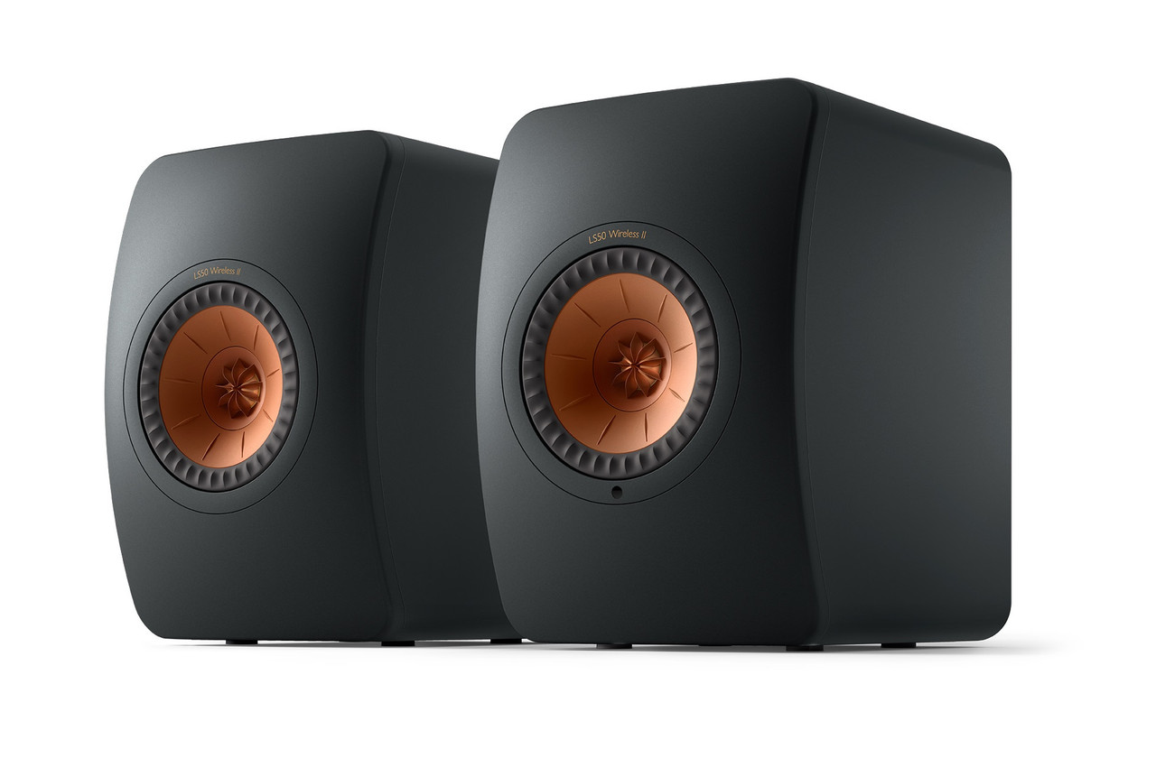 A pair of carbon black active standmount speakers with concentric drivers.