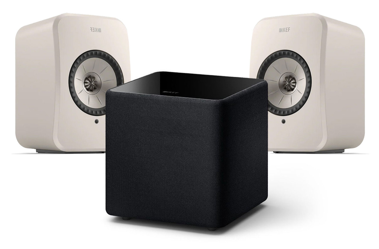 KEF LSX II LT (Stone White) with KEF Kube 8 MIE (Black) | Wireless