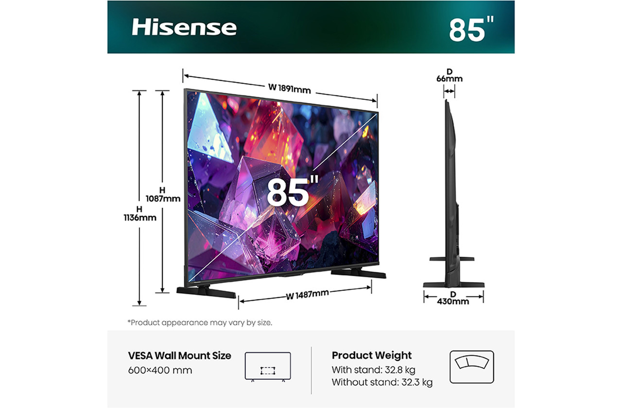 Hisense 85E7STUK PRO | 85 inch QLED 144Hz 4K Ultra HD AI Smart TV