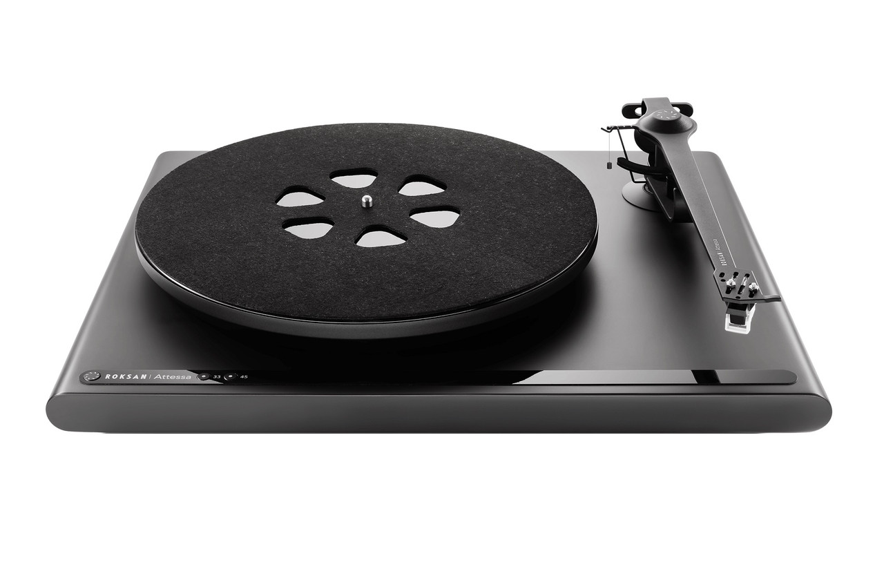 A satin black turntable with a straight tonearm, shown from above.