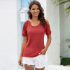 Womens Round Neck Crochet Hollow Solid Color Short-sleeved T-shirt