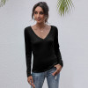 Womens V-neck Solid Color Casual Bottoming Shirt