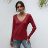 Womens V-neck Solid Color Casual Bottoming Shirt