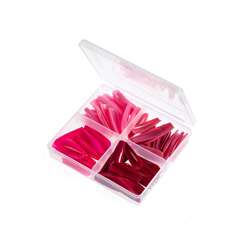 Four pink shades of long coffin nail tips in a clear box