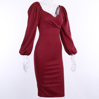 V Neck off Shoulder Bodycon Dress Women Club Party Midi Dress