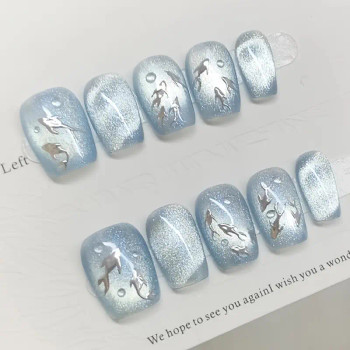 Sparkling short square blue cat eye press on nails Sparkling short square blue cat eye press on nails
