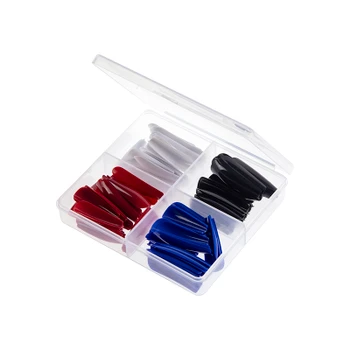 Black red white blue long coffin nail tips in a clear wholesale box
