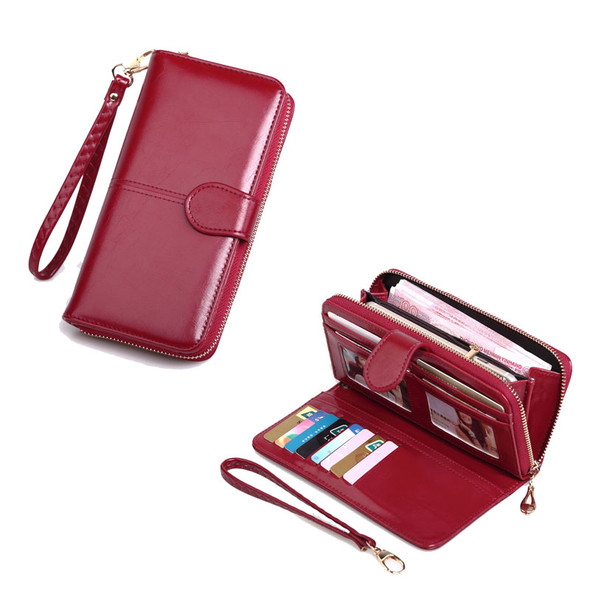 Women's Wallet Oil Wax Leather Purse Long PU Leather Zipper Multi-function Bag Female Hand Take Bag Mobile Phone Card Package