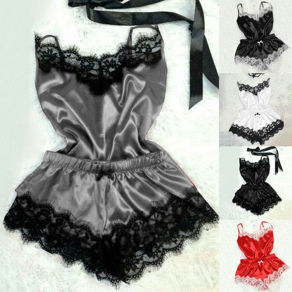 Women Sexy Lingerie 2 Pcs Top Shorts Comfy Silk Lace Pajama Sets Babydoll Nightgown Sleepwear