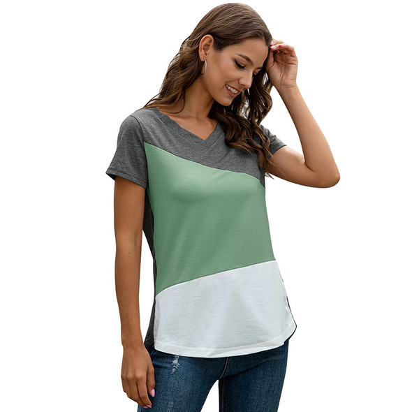 Womens V-neck geometric  Stitching Short-sleeved T-shirt