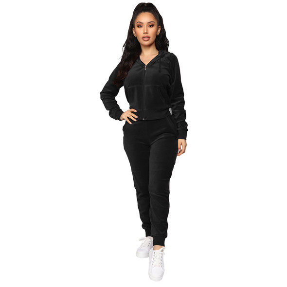 Elastic Waist Two-piece Velvet Hooded Zipper Suit