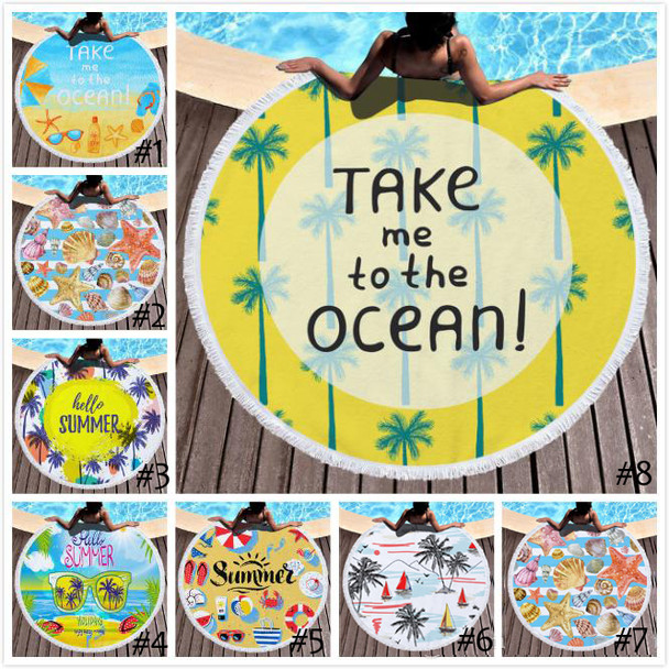 Round Beach Towel Tassel Bed Cover Yoga Mat Polyester Table Cloth Printed Outdoor Camping Picnic Tassel Towel