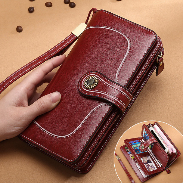 Popular RFID anti-degaussing leather ladies wallet large capacity long European and American style wax oil leather women's multi-card purse