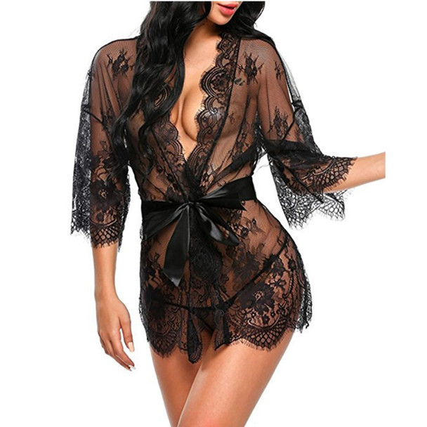 Womens Lace Kimono Babydoll Lingerie Mesh Nightgown