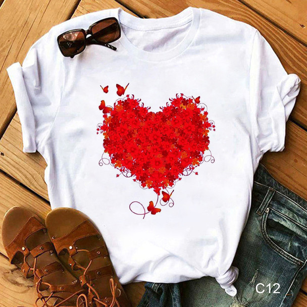 Womens INS Fire Red Butterfly Love Print Crew Neck T-Shirt