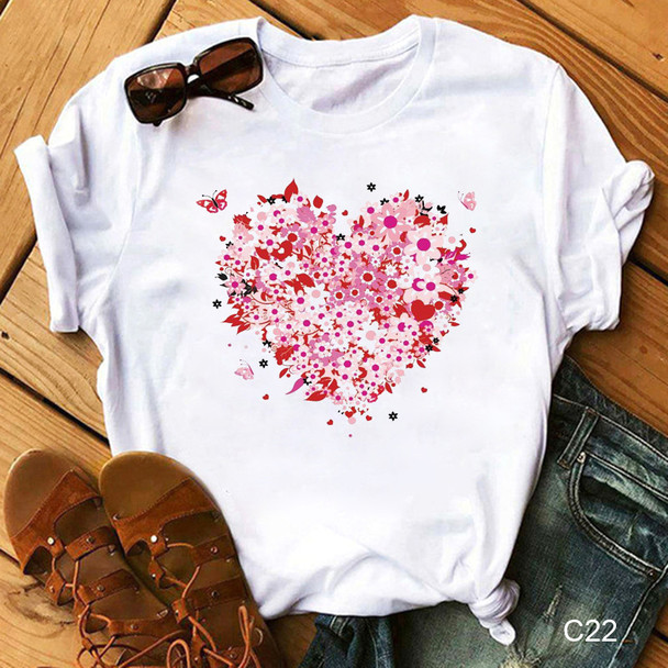 Womens INS Fire Red Butterfly Love Print Crew Neck T-Shirt