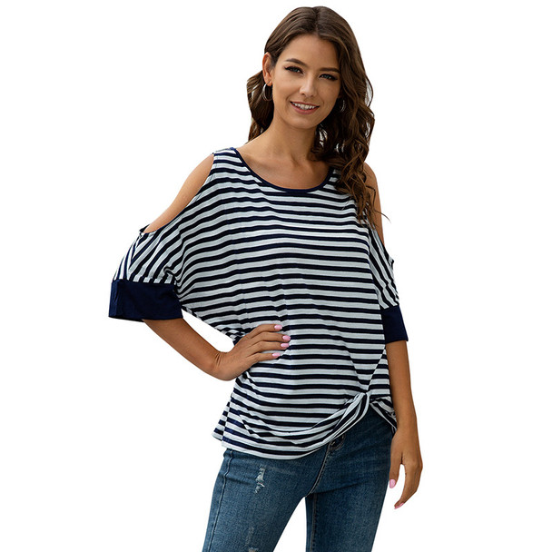 Womens Round Neck Striped Mid-length Loose Irregular T-shirt