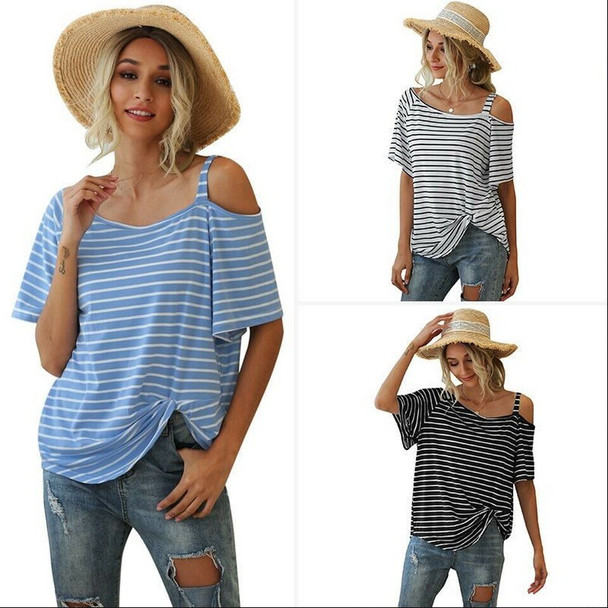 Womens Oblique Collar Wide Striped Knot Short Sleeve T-Shirt