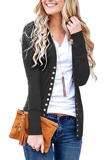 Solid Color V-neck Sweater Long-sleeved Women Knitted Cardigan