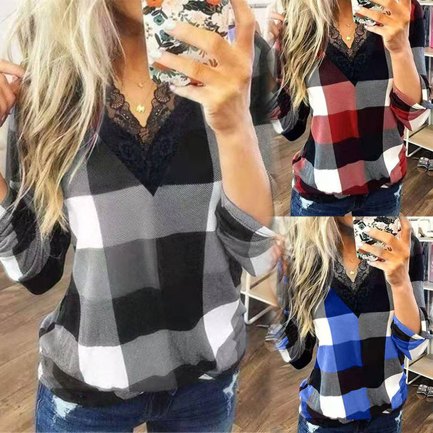 V-neck Lace Blouse Ladies Pullover Plaid Shirt