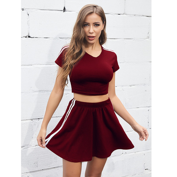 Women Summer Striped Short-sleeved Skirt Sports Suit