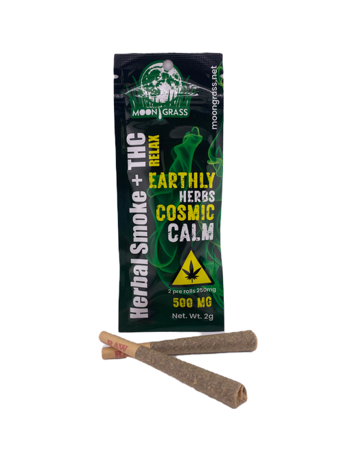 MoonGrass Relax Delta-8 organic herbal pre-rolls shown next to its premium black, green, and yellow Mylar pouch packaging.
