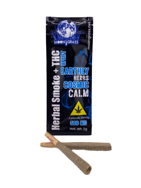 MoonGrass Uplift Delta-8 organic sativa herbal pre-roll shown next to its premium black, blue, and yellow Mylar pouch packaging.