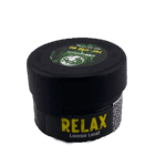 A 5-gram container of MoonGrass Relax Delta-8 organic indica loose leaf herbal smoking blend.